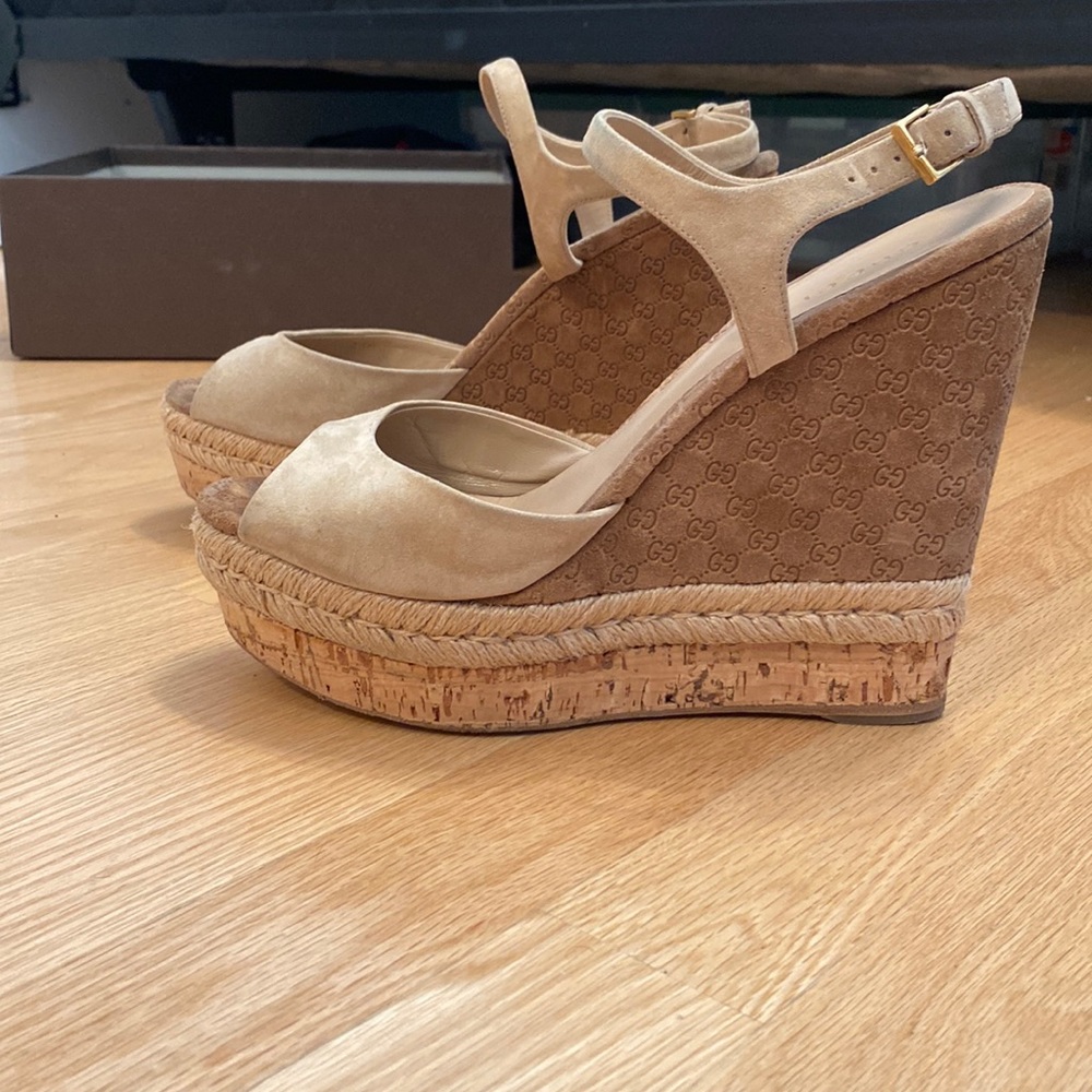 Gucci “Pilar” GG Canvas Espadrille Wedge Sandals